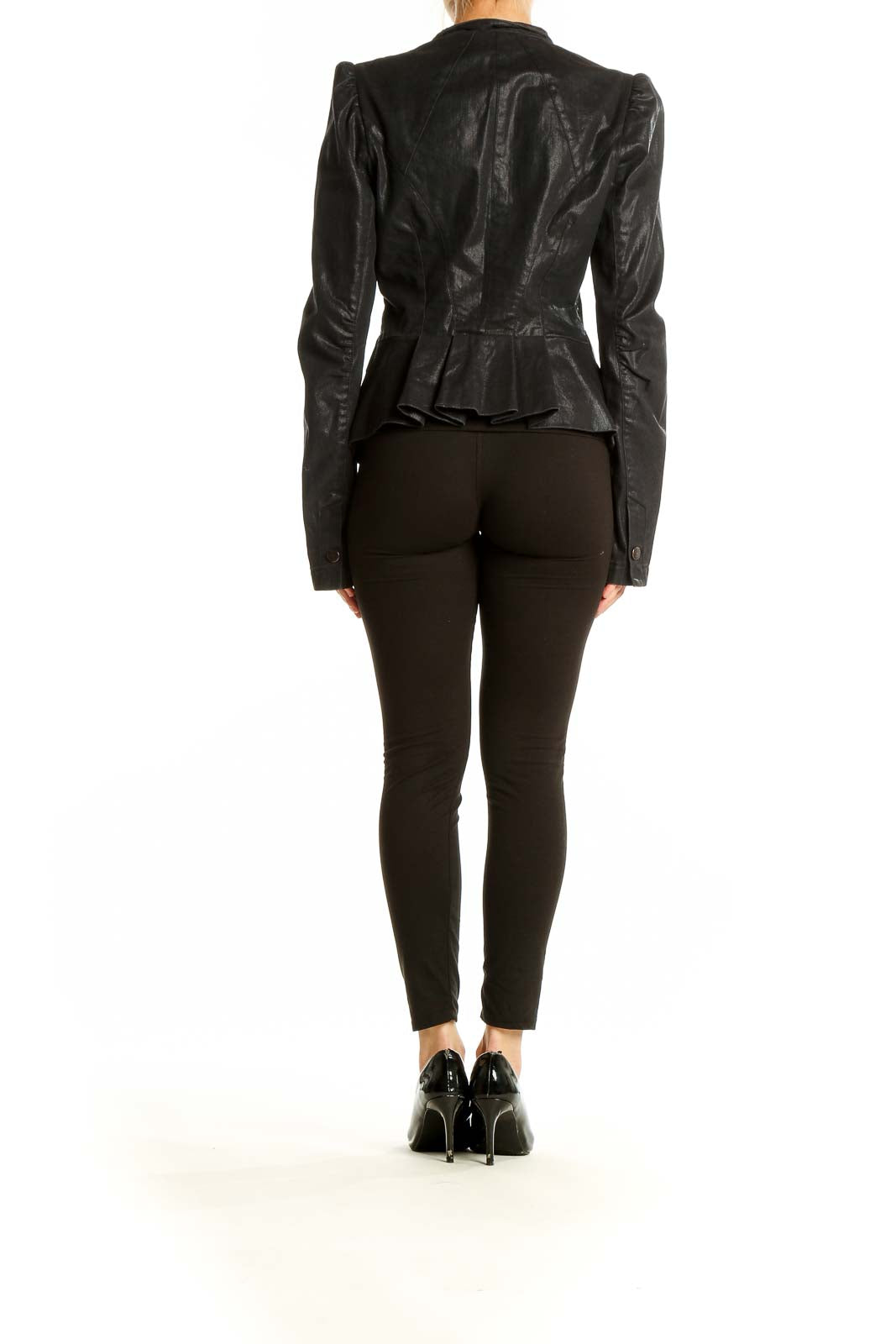 Back view of SilkRoll black fitted leather blazer jacket on model