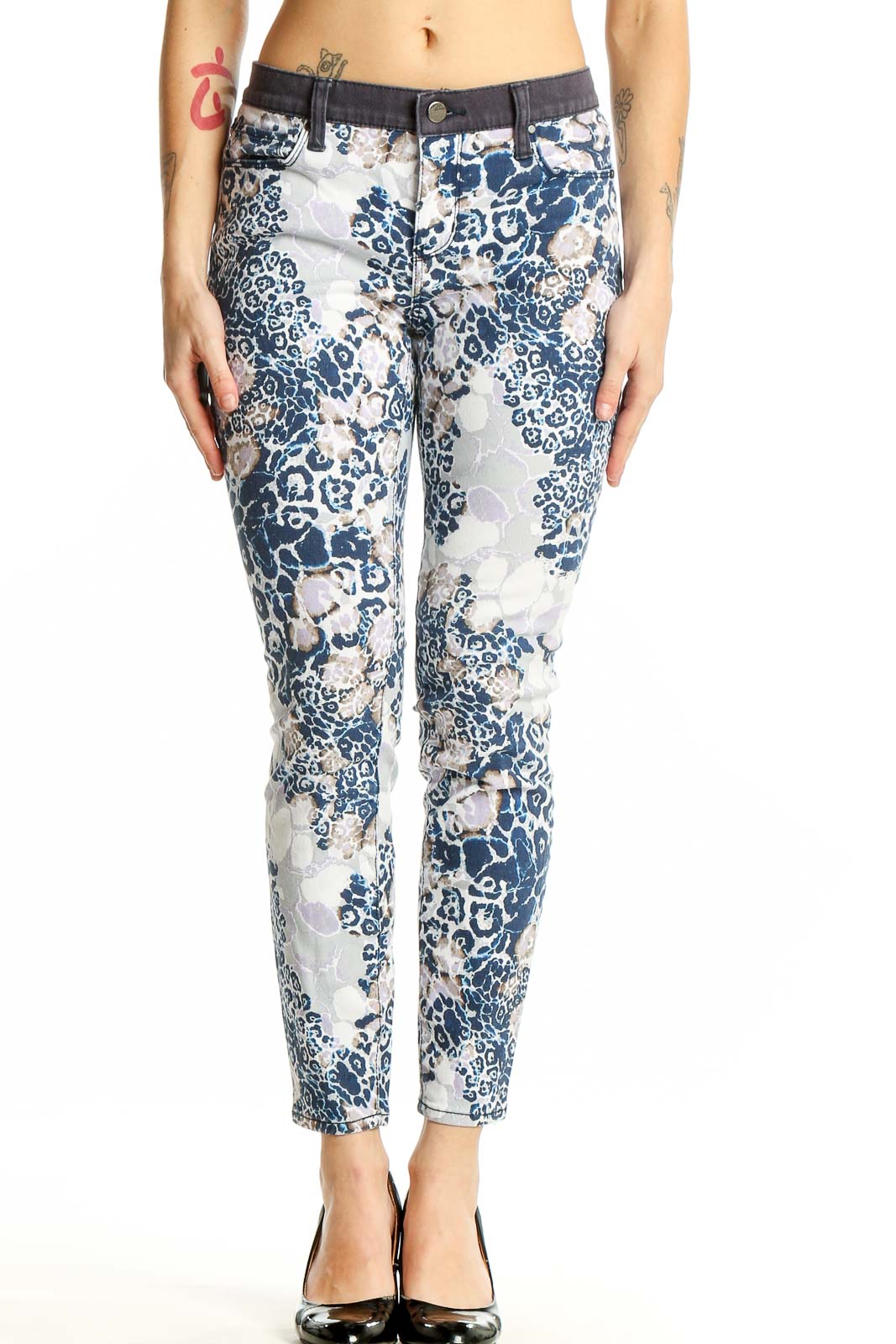 Front view of DKNY blue and white floral leopard print slim-fit jeans