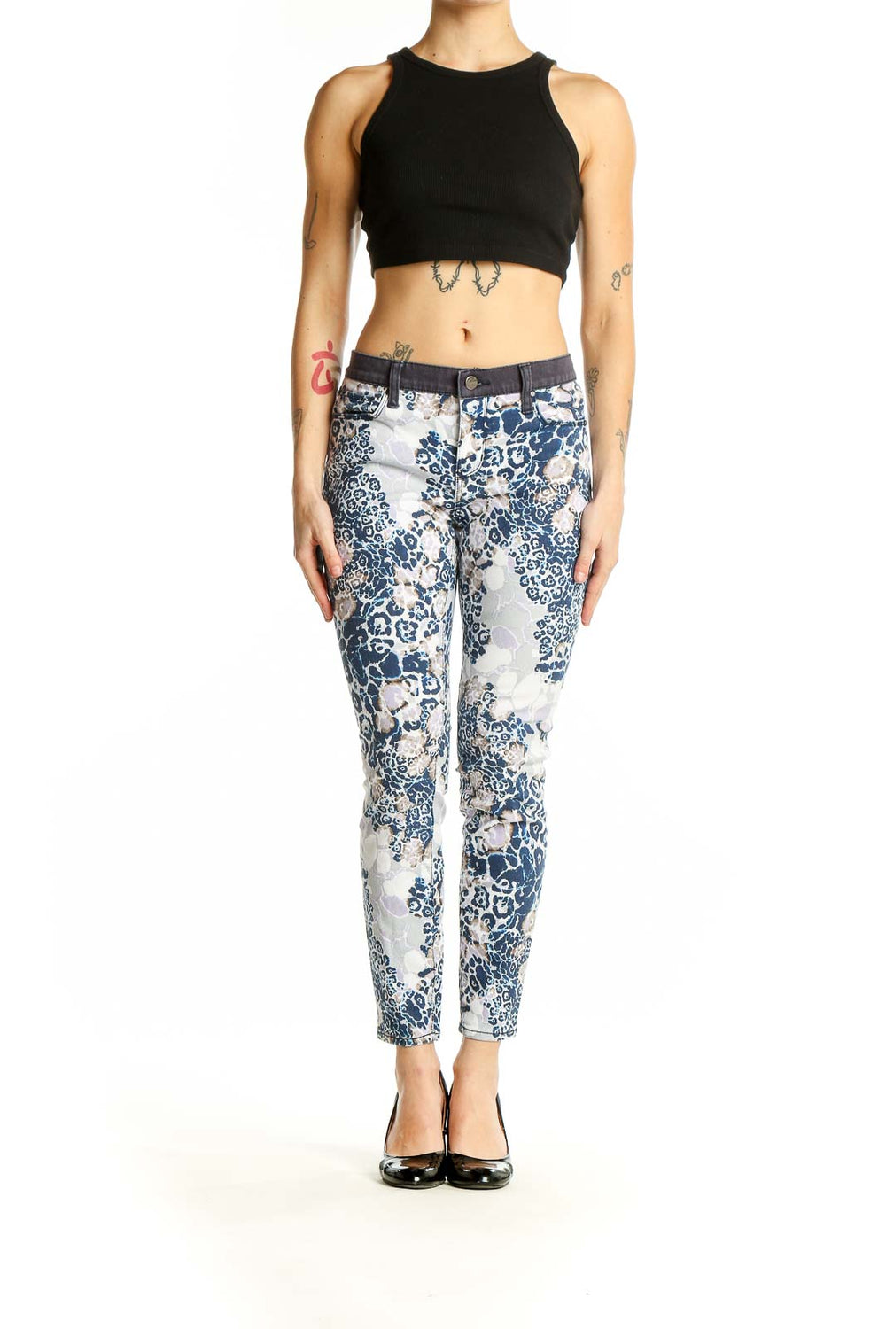 Front view of DKNY blue and white floral leopard print slim-fit jeans