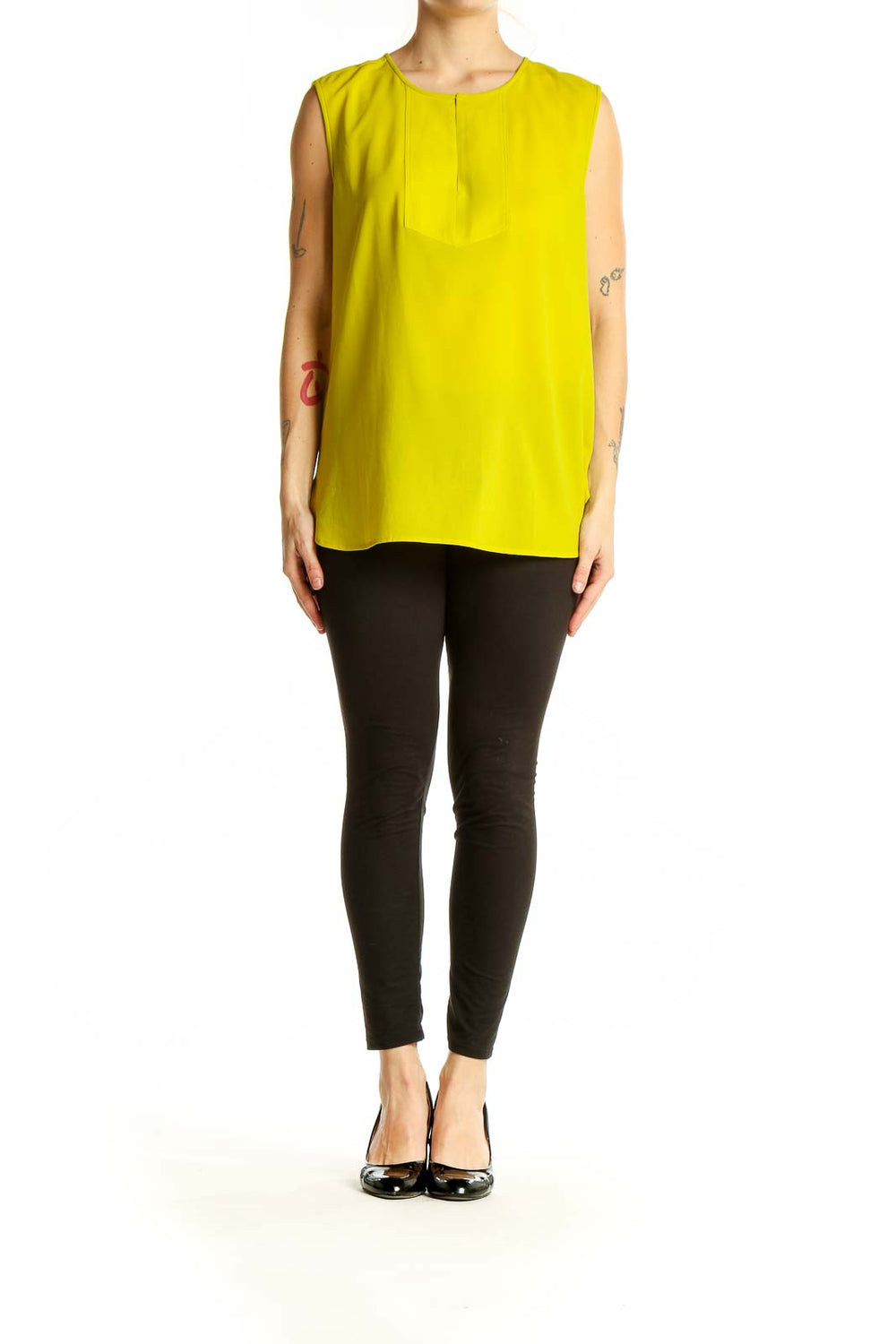 Front view of J.Crew yellow sleeveless polyester blouse