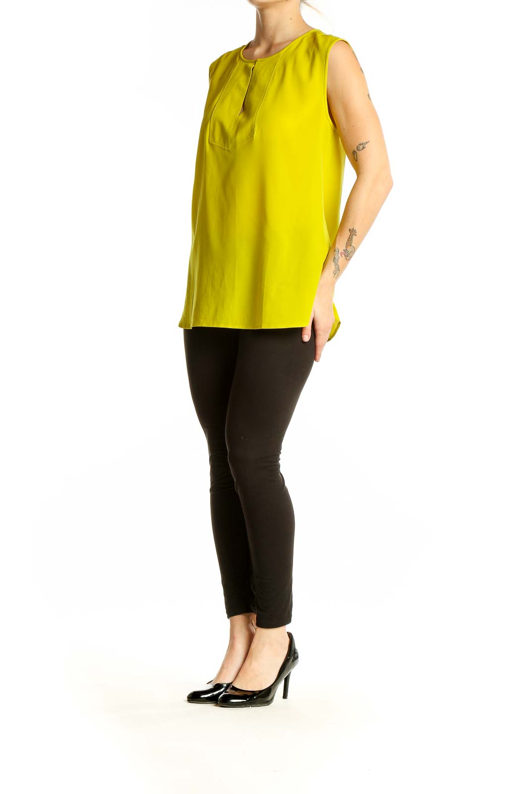 Front view of J.Crew yellow sleeveless polyester blouse