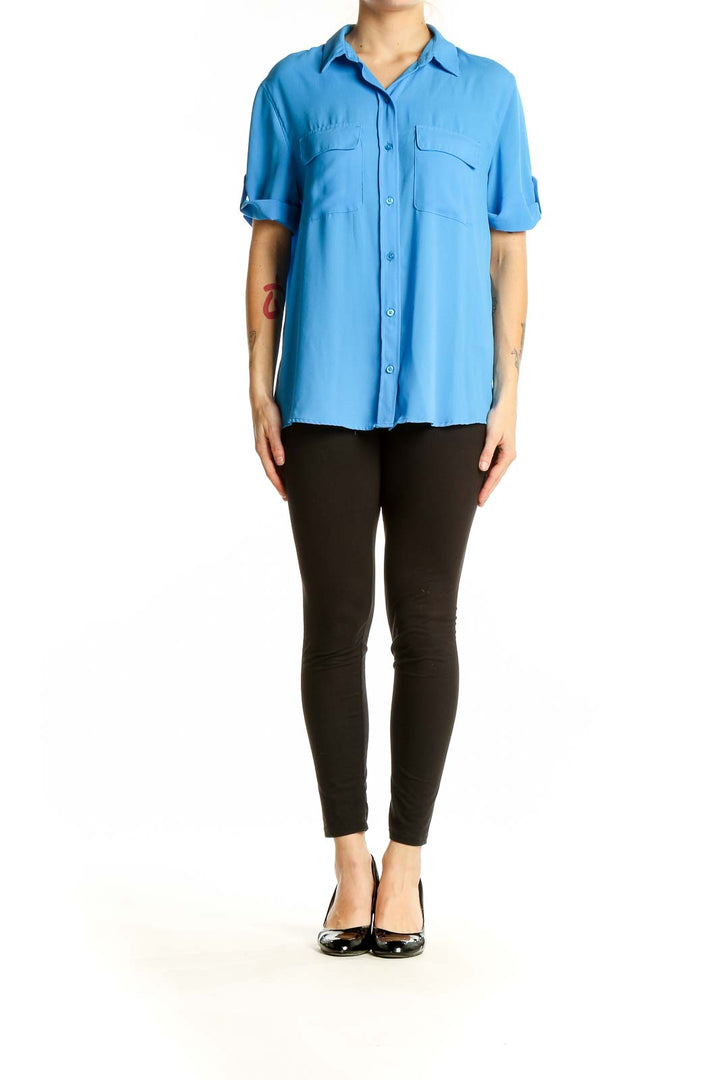 Front view of Banana Republic blue polyester button-down shirt