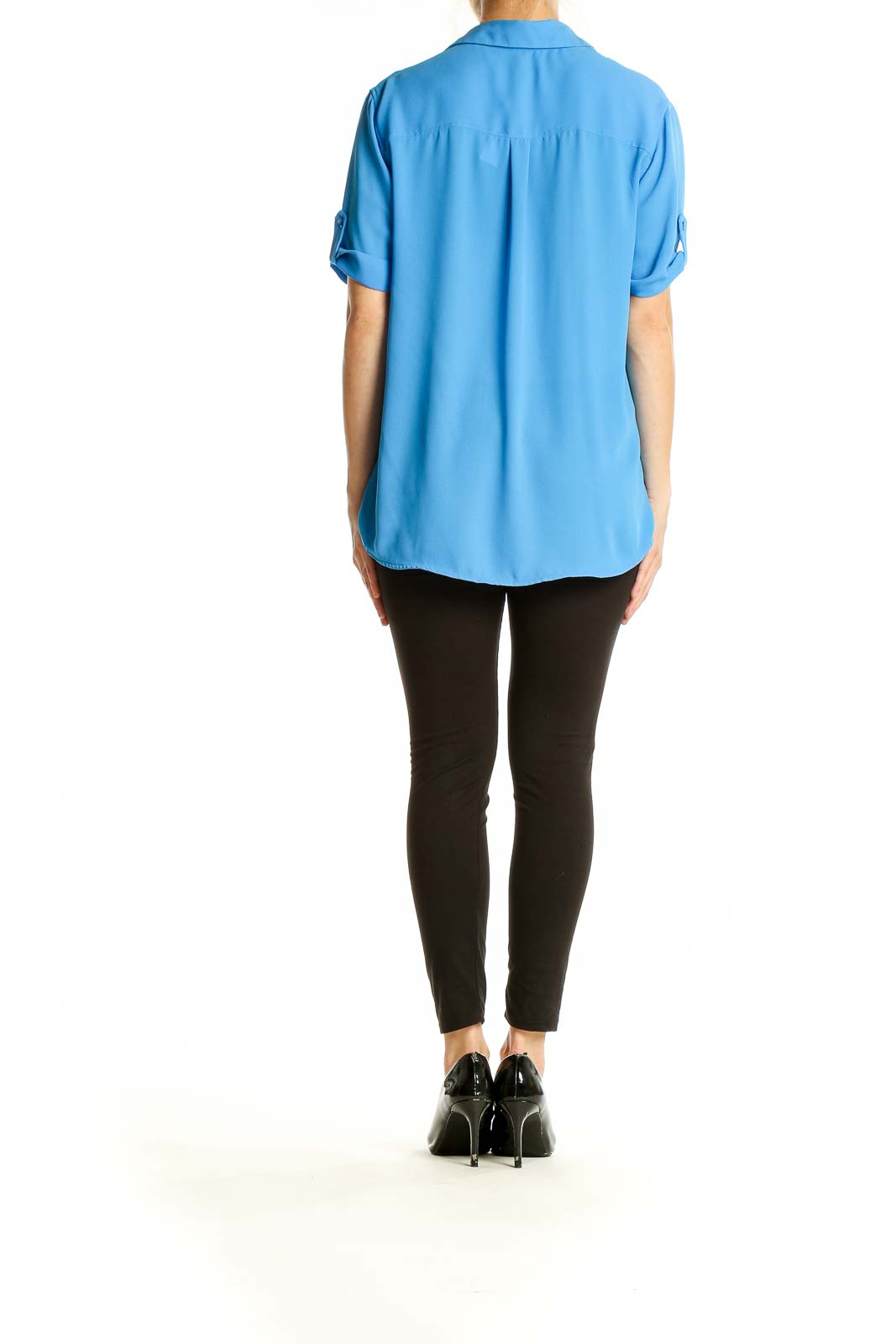 Back view of Banana Republic blue polyester button-down shirt on model