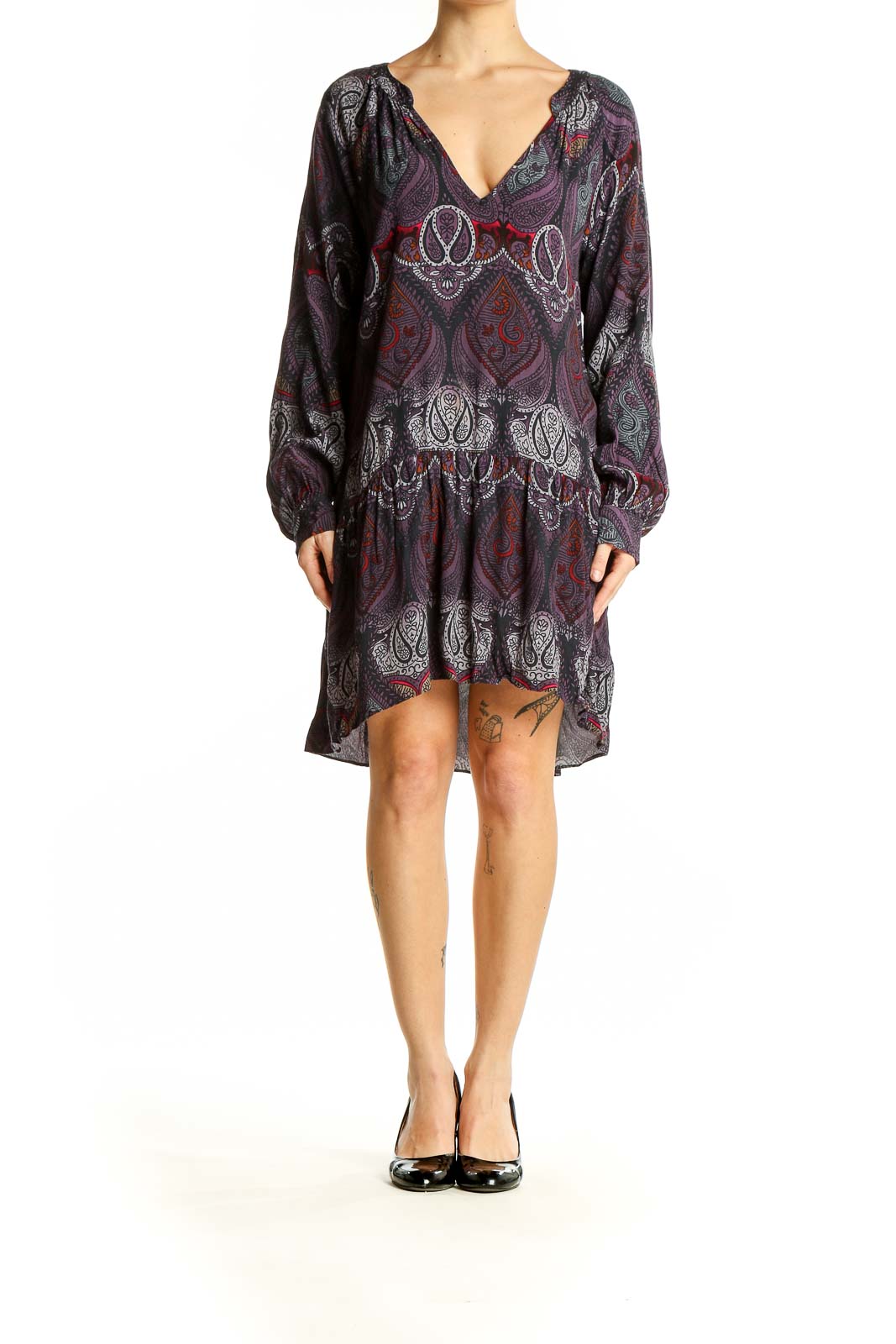 Front view of Sanctuary purple paisley mini dress with V-neckline and long sleeves