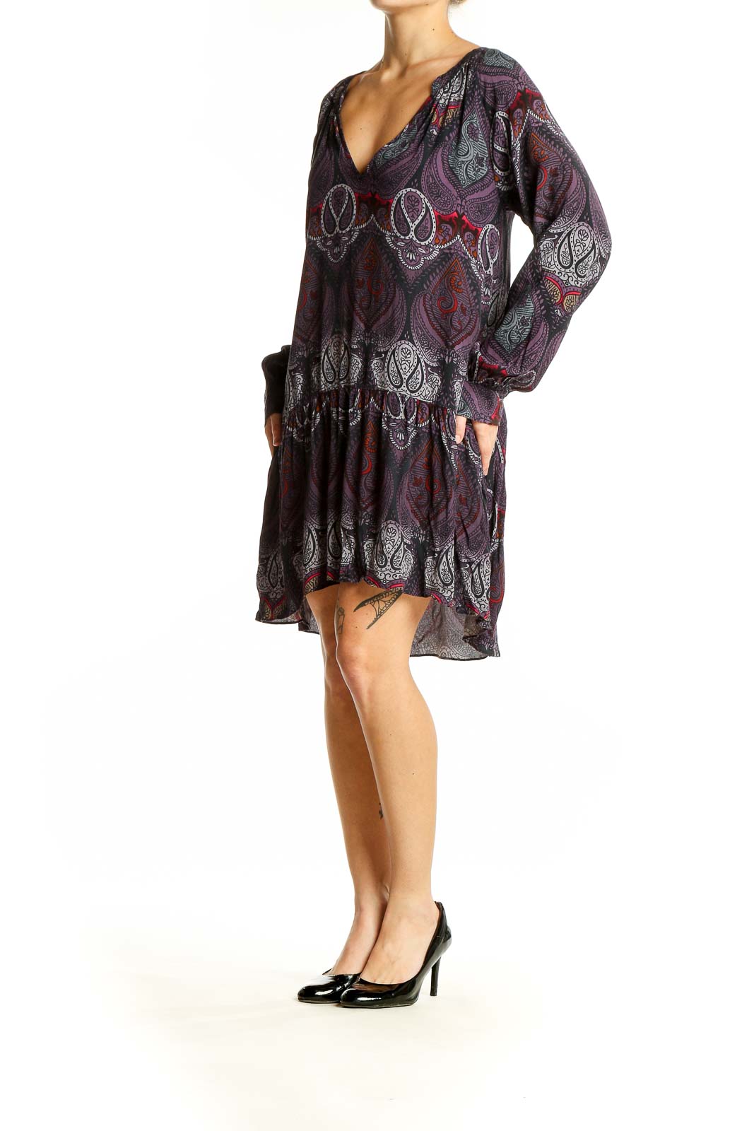 Front view of Sanctuary purple paisley mini dress with V-neckline and long sleeves