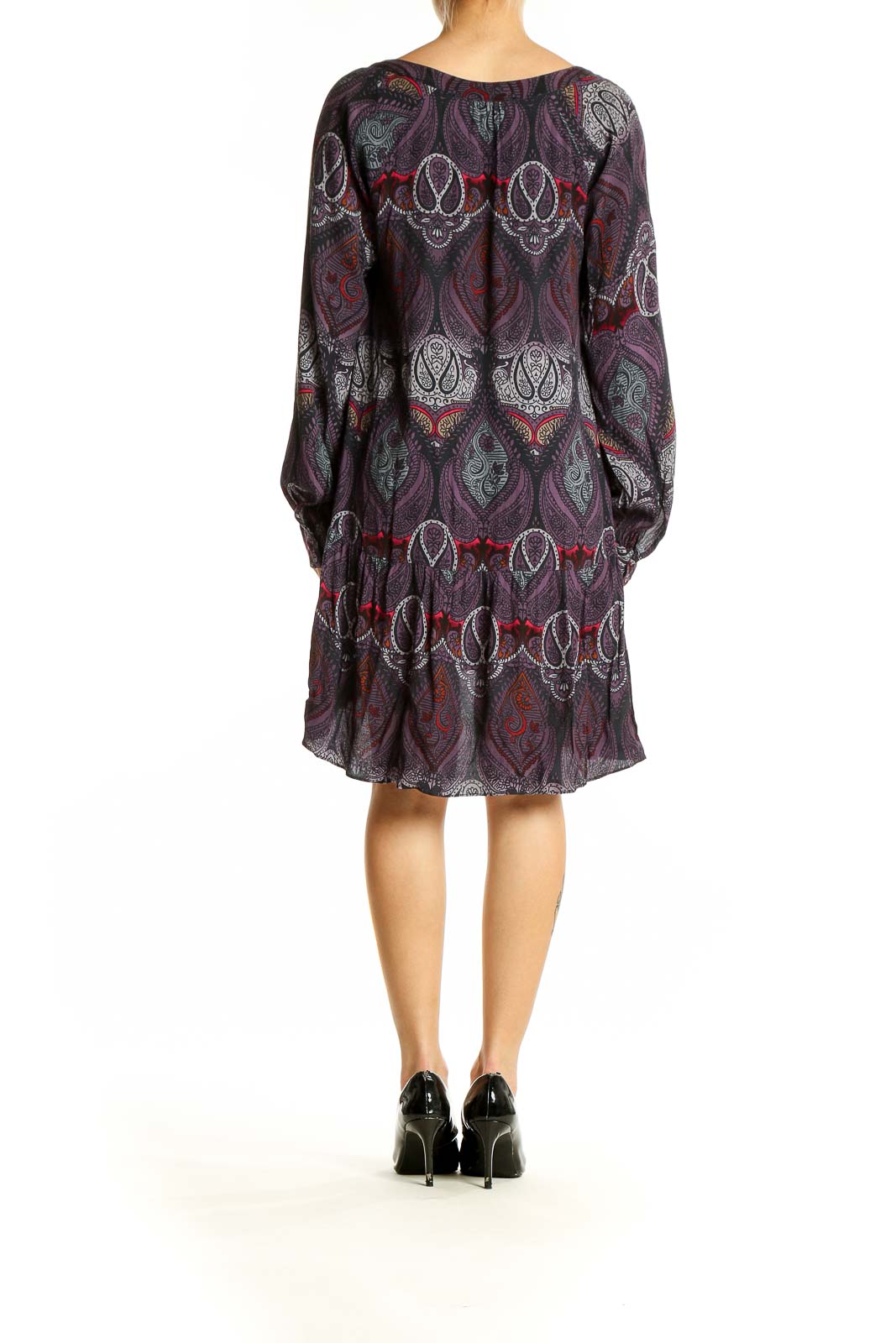 Back view of Sanctuary purple paisley mini dress showing flowy silhouette