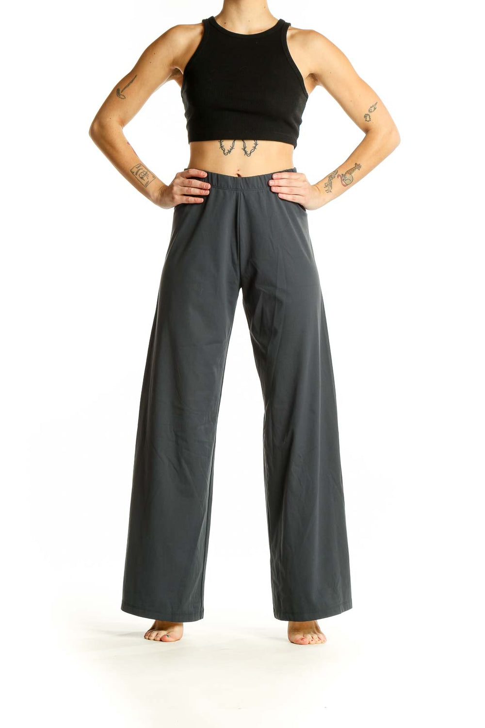 Front view of gray Victoria Sport wide-leg activewear pants