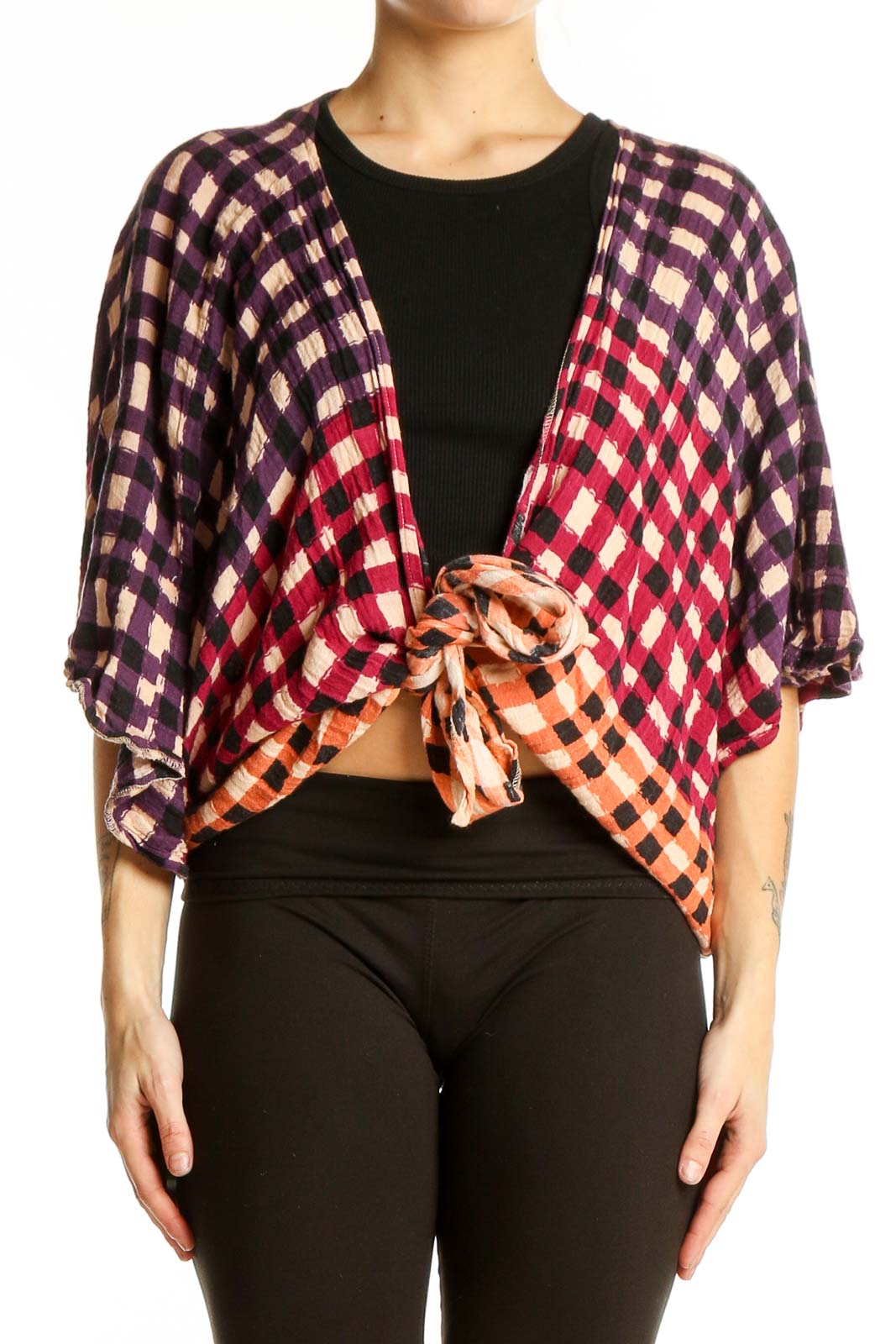 Front view of Free People ombre plaid cropped cardigan in purple, red, and orange