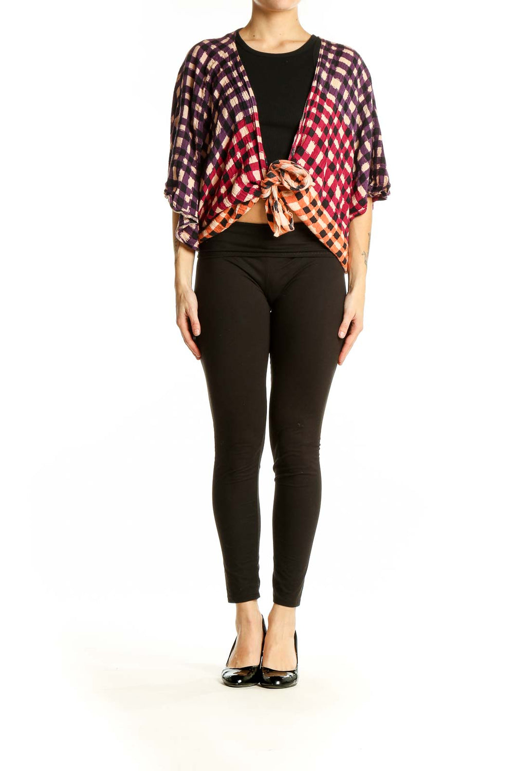 Front view of Free People ombre plaid cropped cardigan in purple, red, and orange