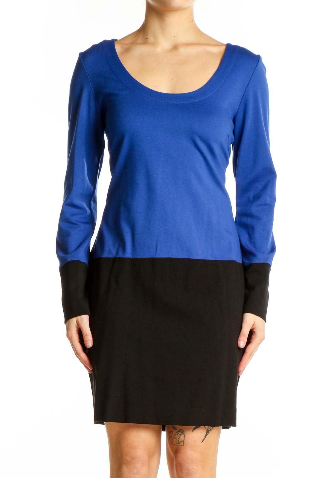 Front view of Banana Republic blue and black color block dress