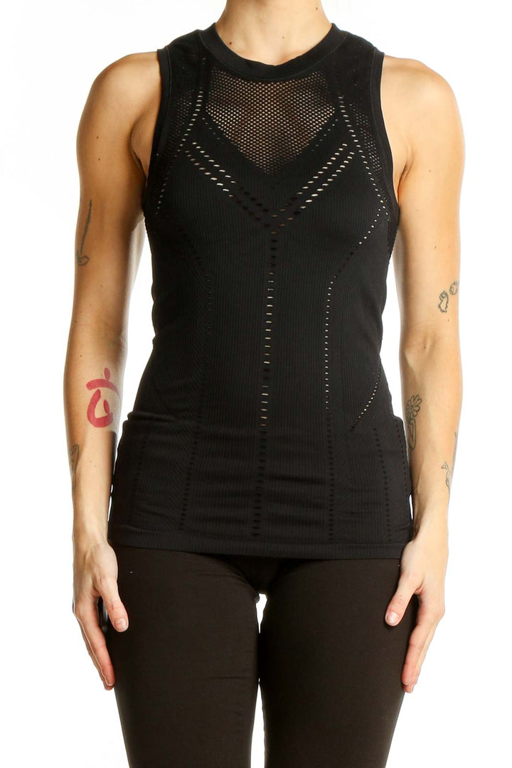 Front view of black Athleta mesh performance tank top with perforated design