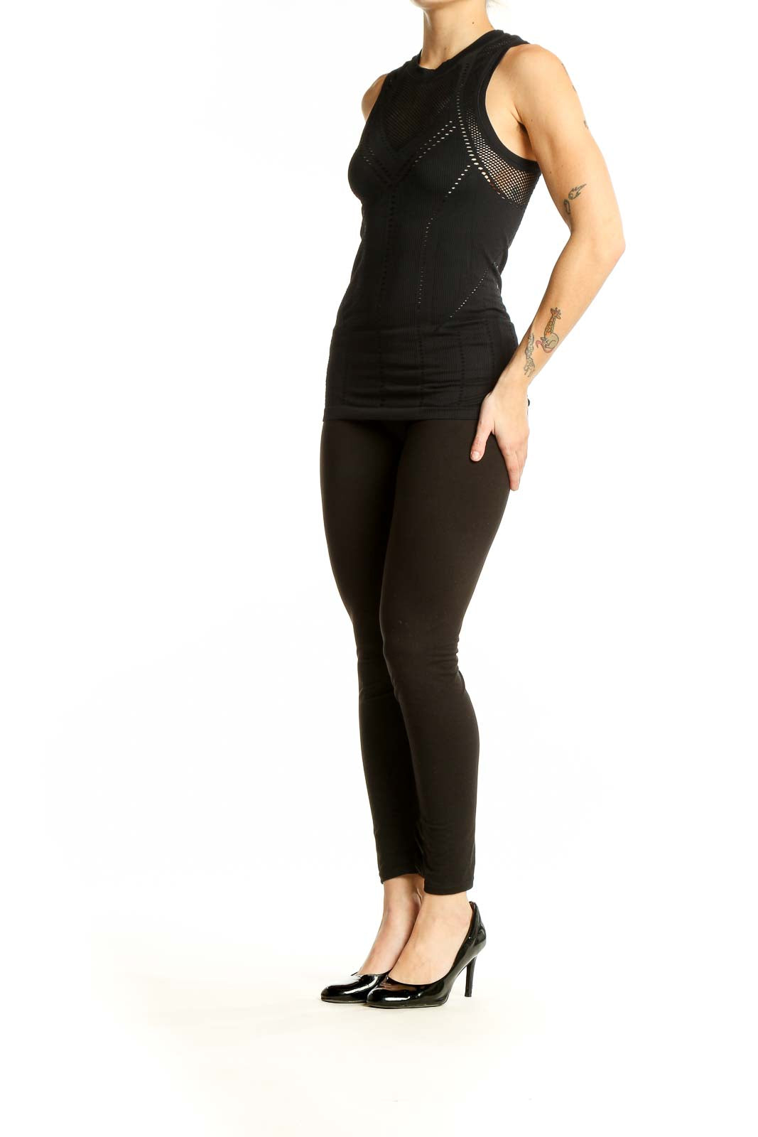 Front view of black Athleta mesh performance tank top with perforated design