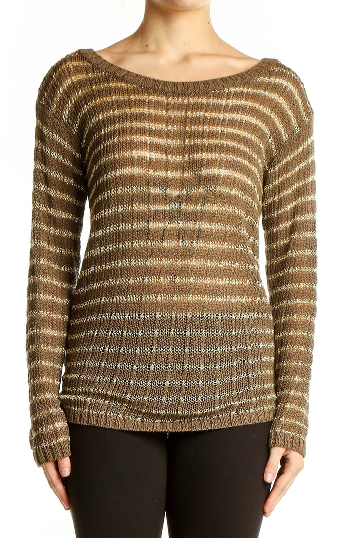 Front view of Banana Republic brown striped metallic knit sweater