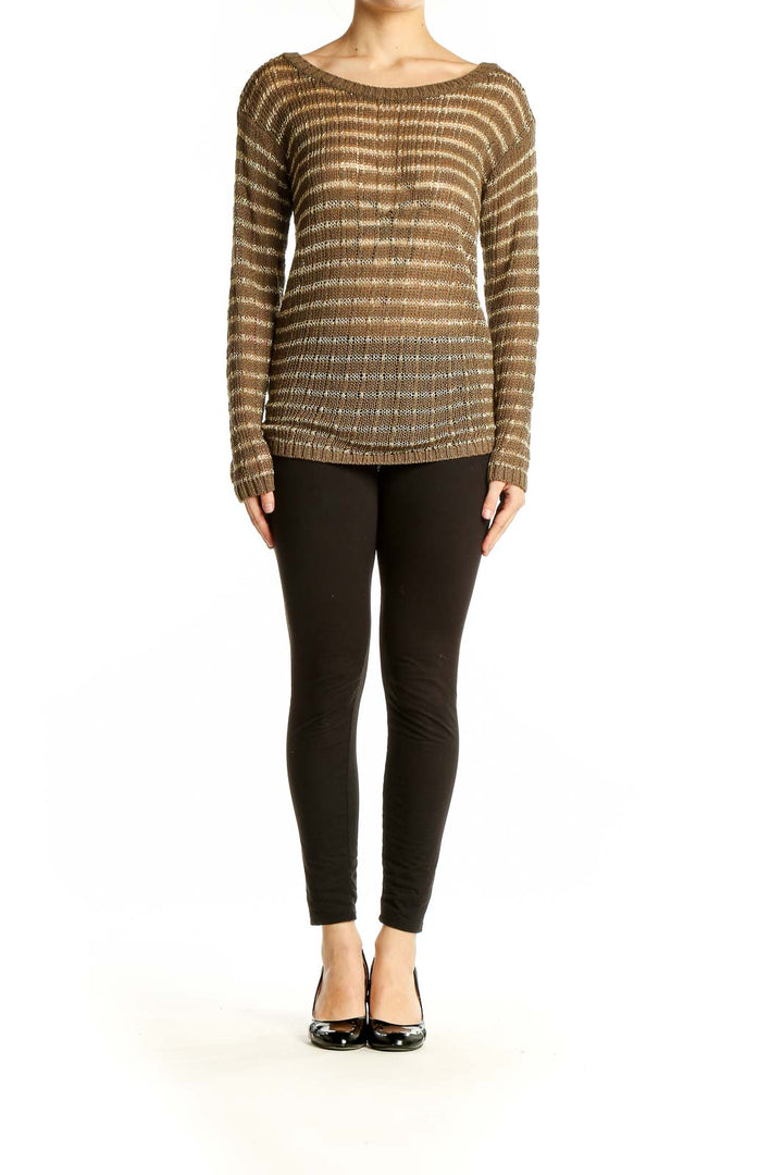 Front view of Banana Republic brown striped metallic knit sweater