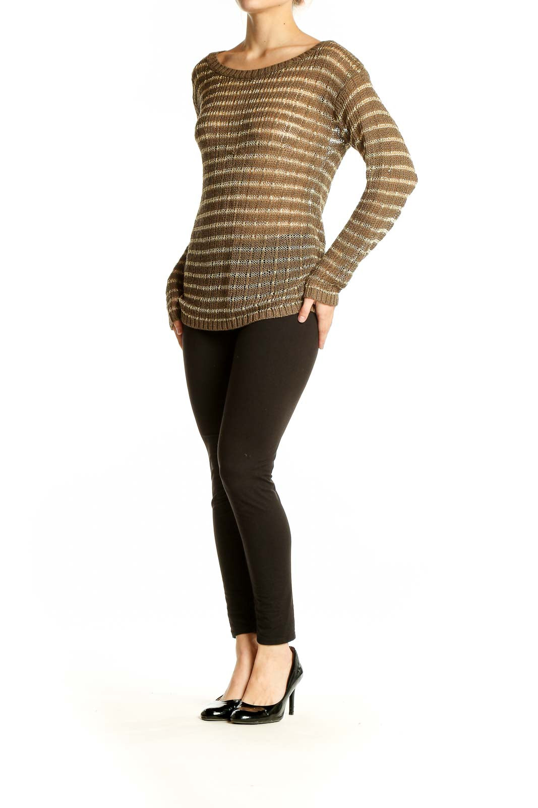 Front view of Banana Republic brown striped metallic knit sweater