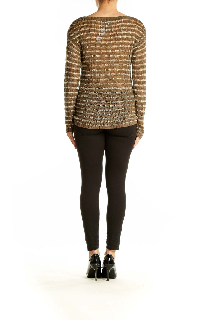 Back view of Banana Republic brown striped metallic knit sweater on model