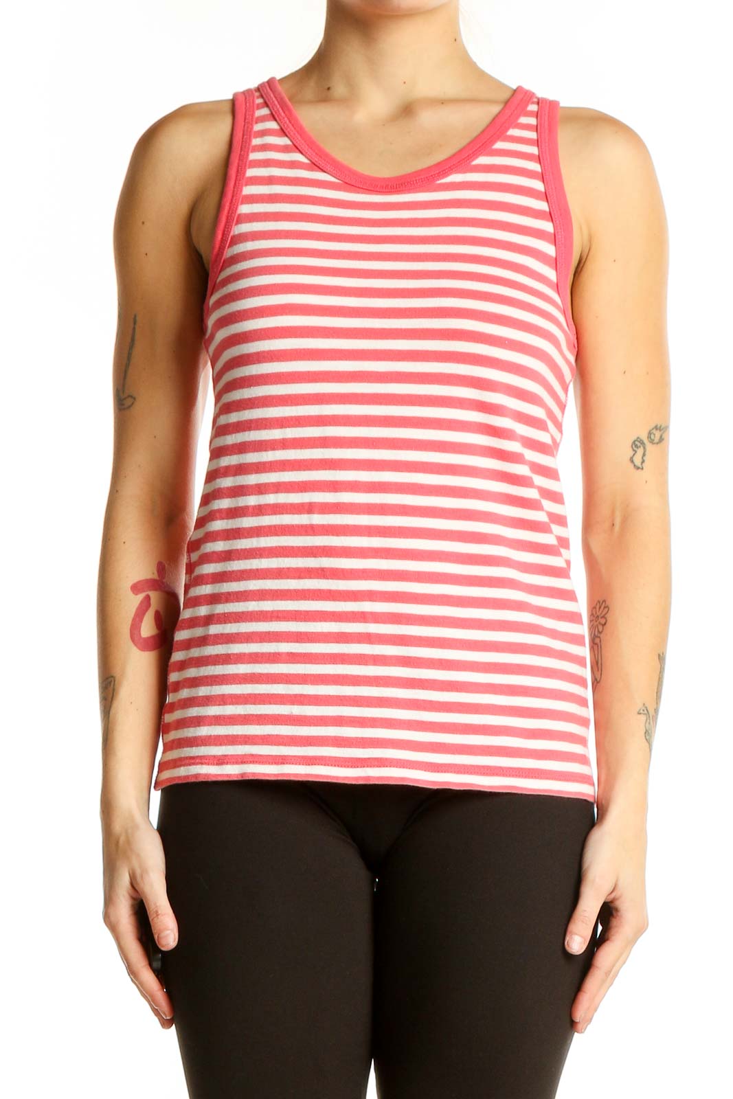 Front view of J.Crew pink and white striped cotton tank top