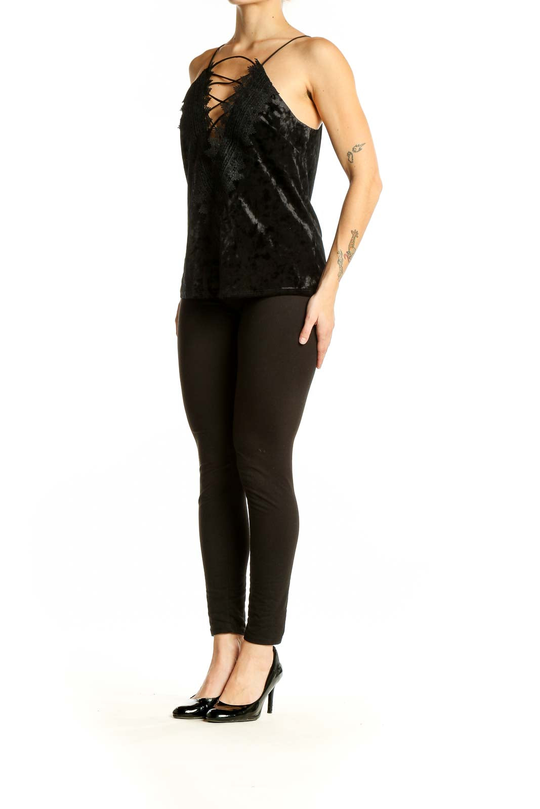 Front view of Wayf black velvet camisole top with lace-up V-neckline