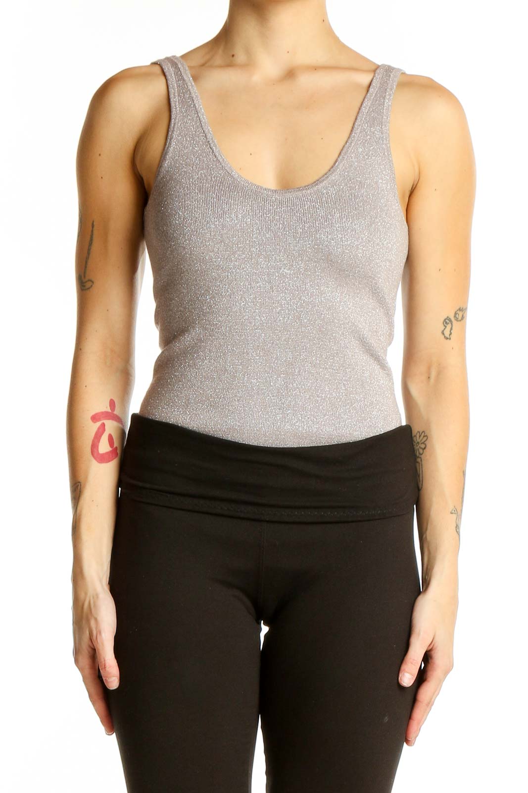 Front view of Abercrombie & Fitch silver metallic sleeveless tank top