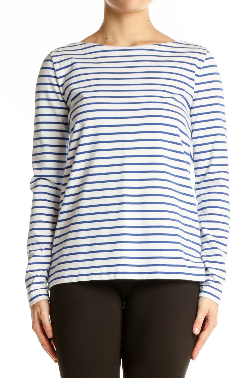 Front view of J.Crew blue and white striped long-sleeve cotton top with boat neckline