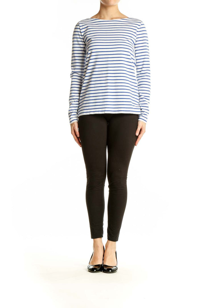 Front view of J.Crew blue and white striped long-sleeve cotton top with boat neckline