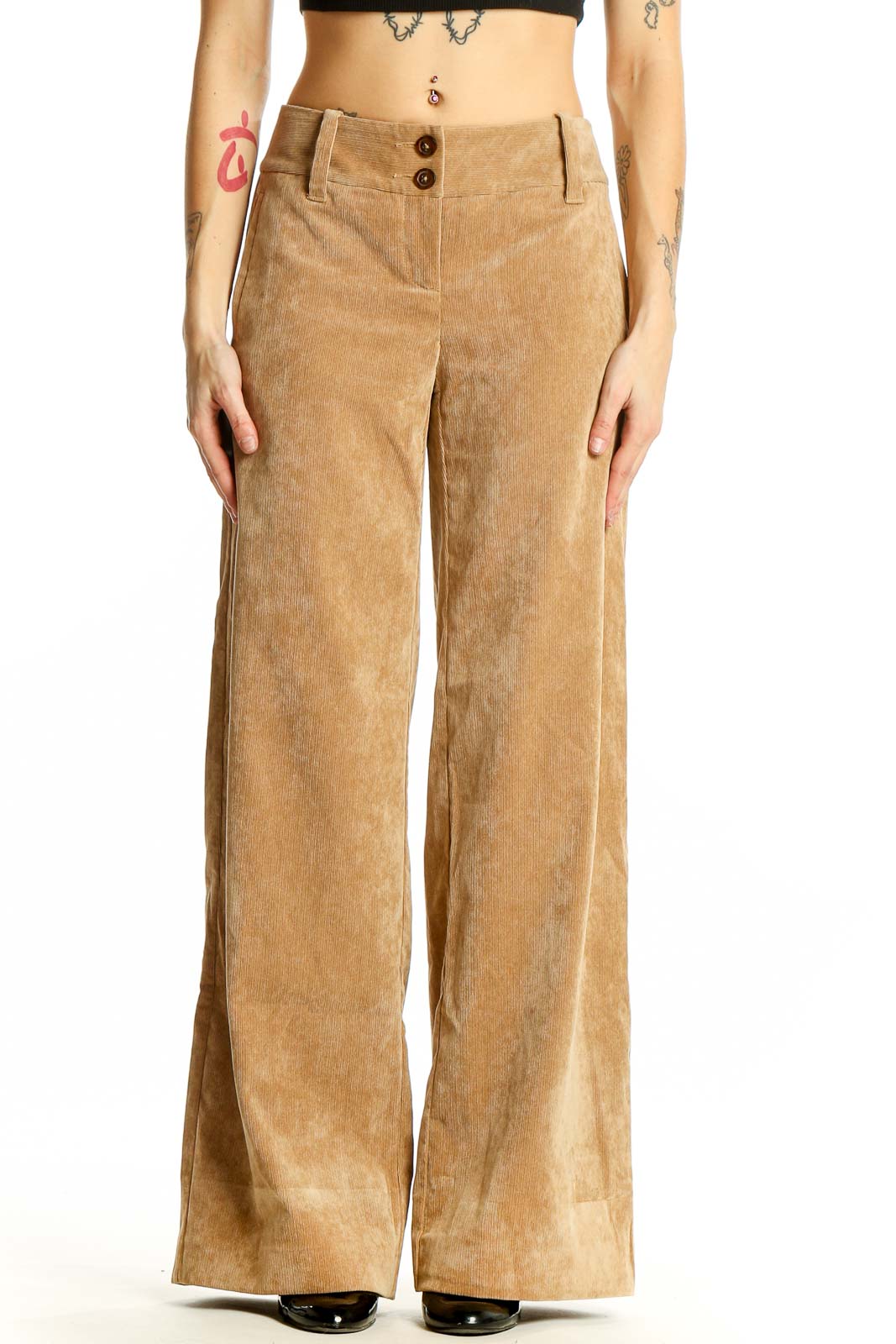 Front view of Michael Kors tan corduroy wide-leg trousers