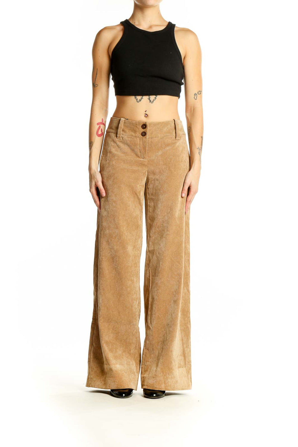 Front view of Michael Kors tan corduroy wide-leg trousers