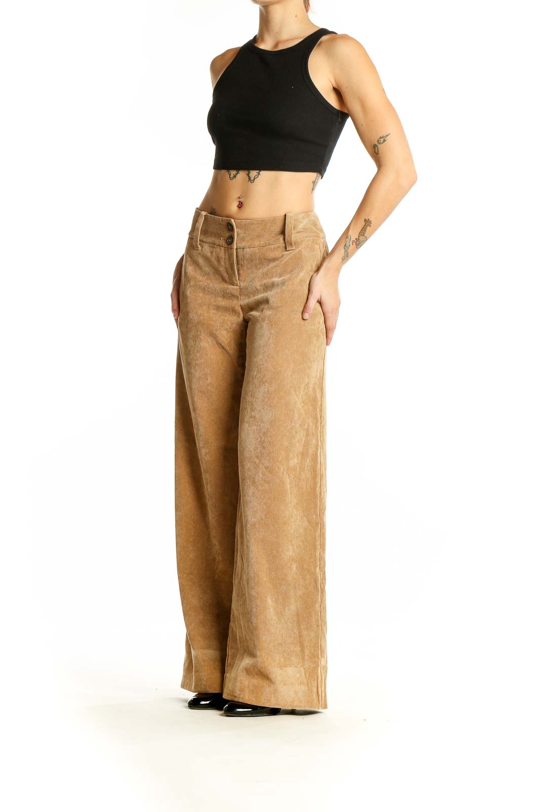 Front view of Michael Kors tan corduroy wide-leg trousers