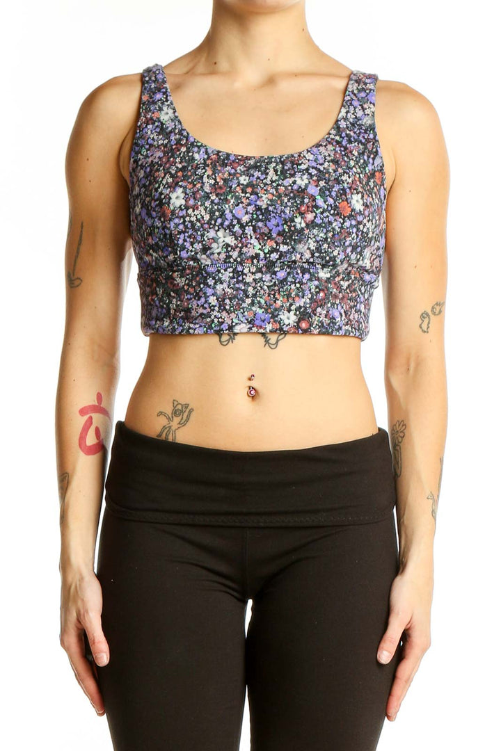 Front view of Lululemon purple floral print crop top