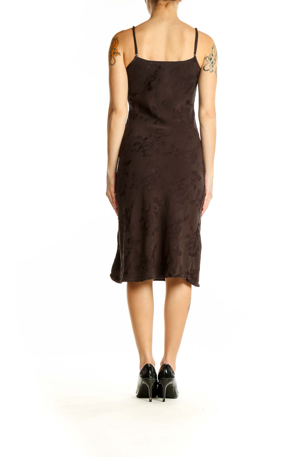 Back view of Rouje Paris brown satin slip dress showing sleek silhouette