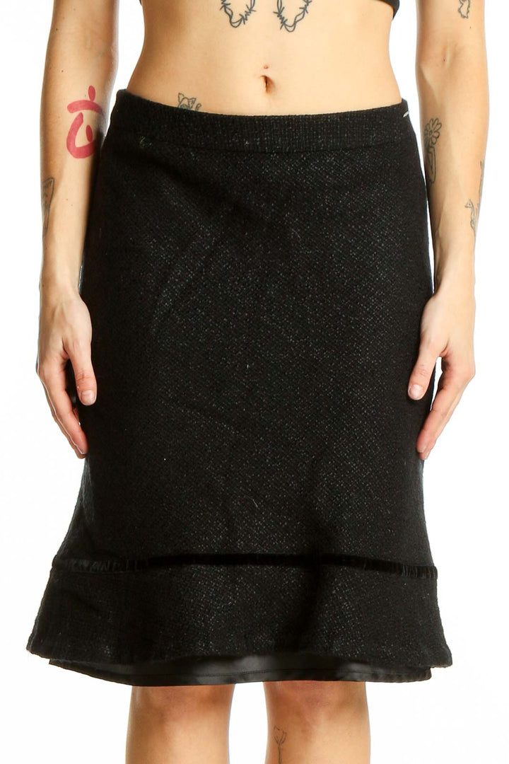 Front view of Athleta black wool blend flared skirt