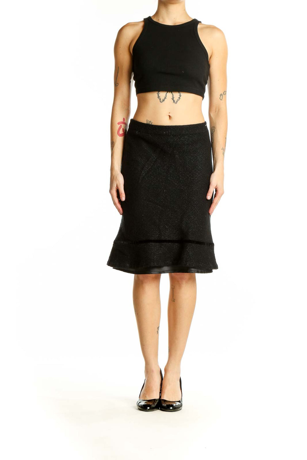 Front view of Athleta black wool blend flared skirt