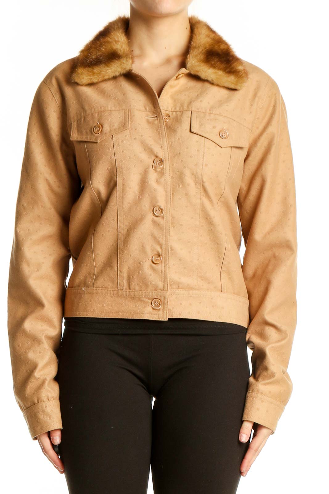 Front view of Dina Bar-el camel polyester jacket with faux fur collar