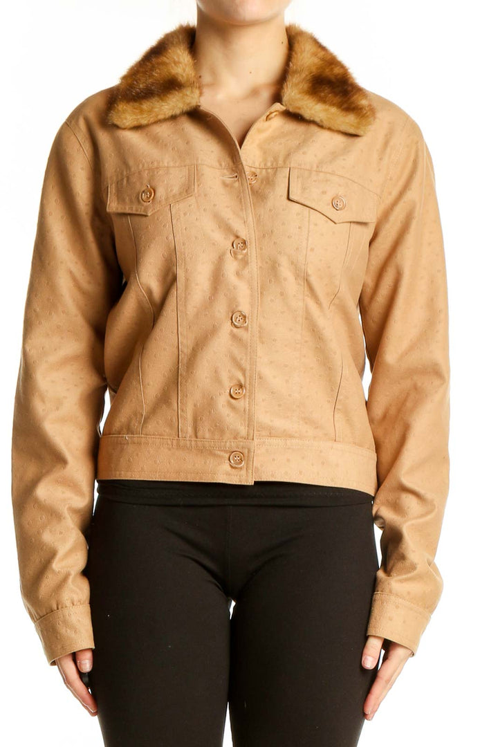 Front view of Dina Bar-el camel polyester jacket with faux fur collar