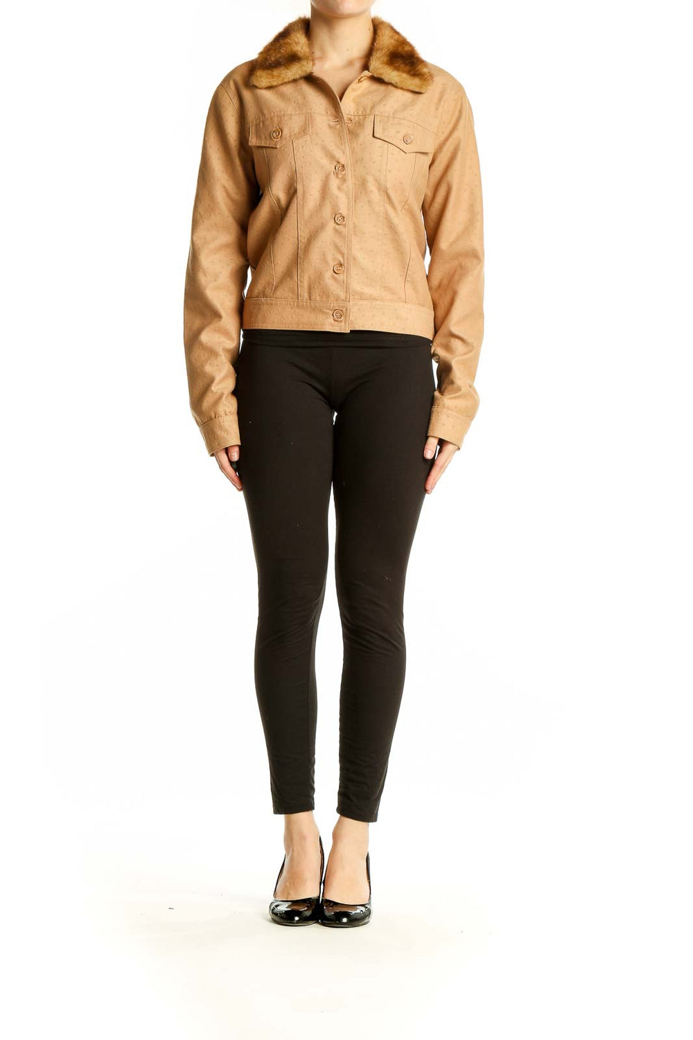 Front view of Dina Bar-el camel polyester jacket with faux fur collar