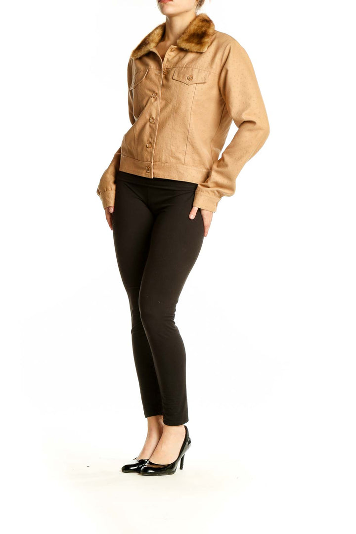 Front view of Dina Bar-el camel polyester jacket with faux fur collar