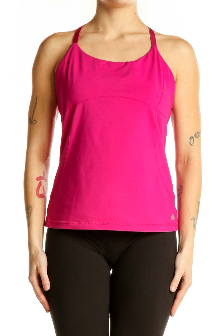 Front view of hot pink Alo racerback athletic tank top