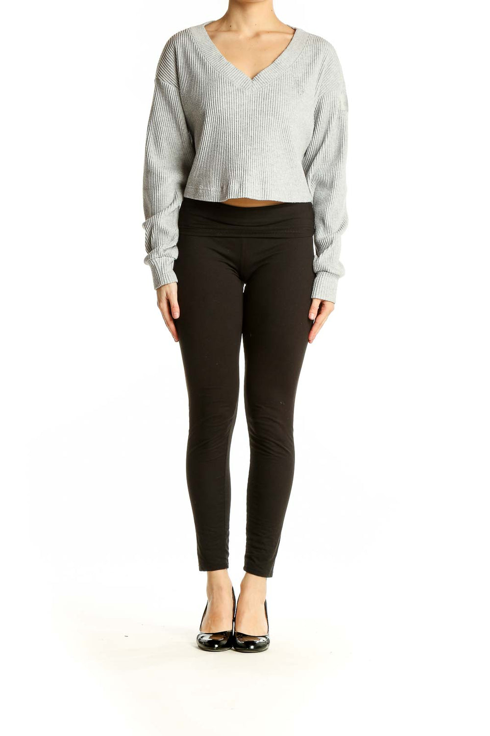 Front view of Alo Yoga gray ribbed cropped V-neck sweater