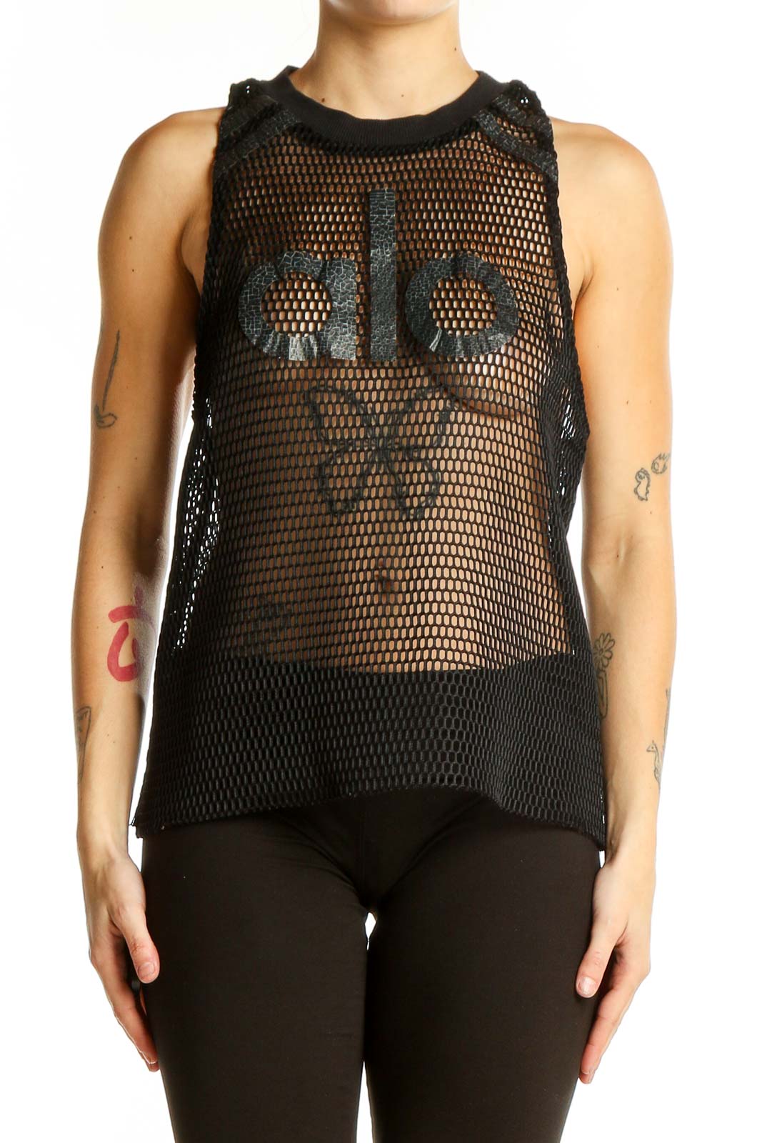 Front view of Alo black mesh sleeveless athletic tank top