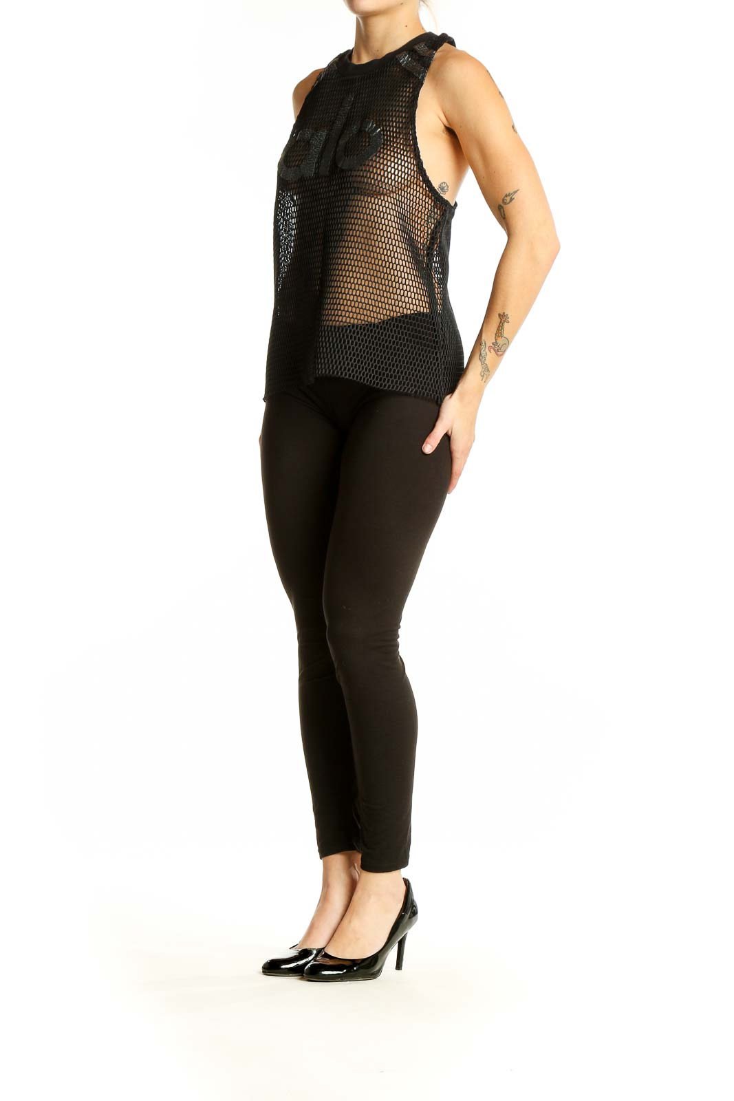 Front view of Alo black mesh sleeveless athletic tank top