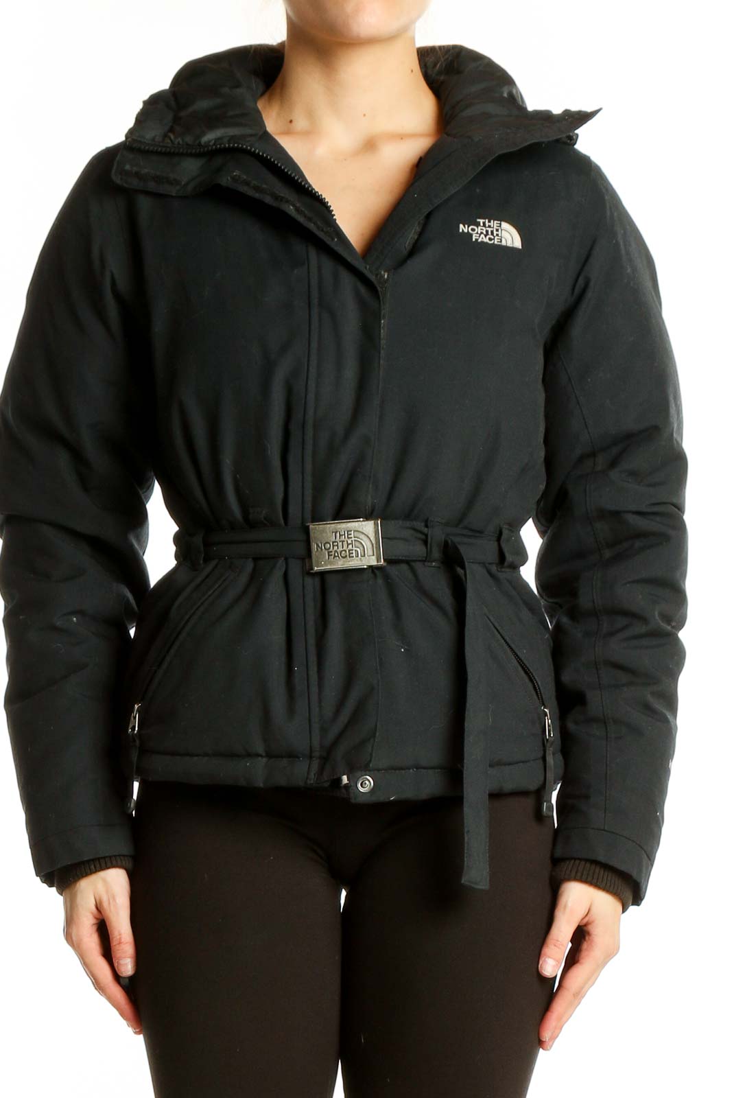 Front view of black belted puffer jacket from The North Face