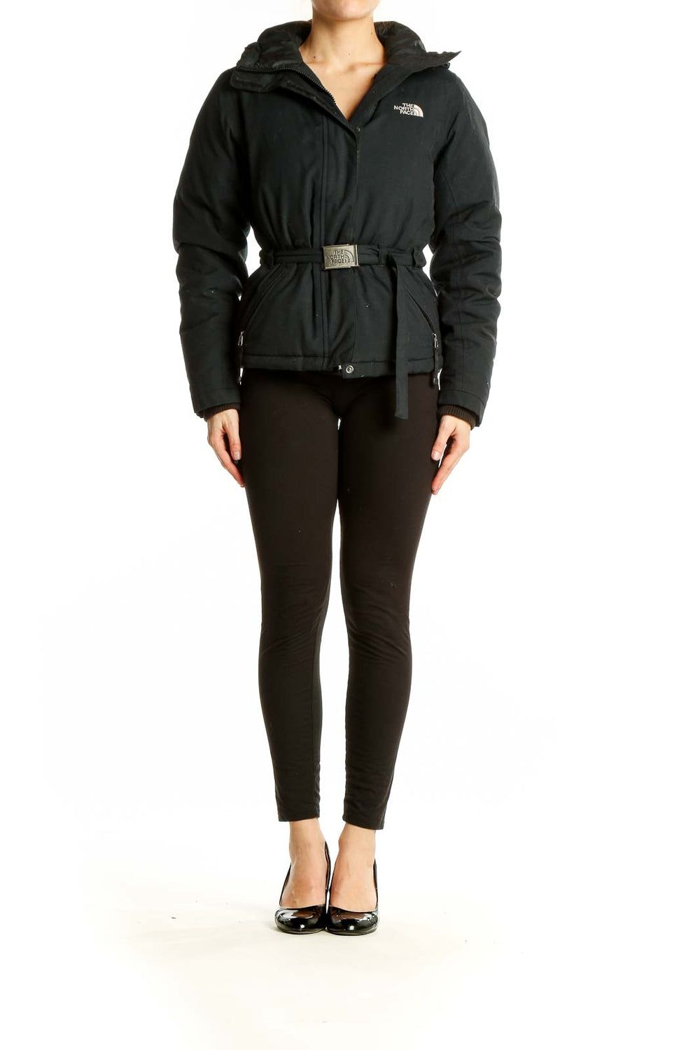 Front view of black belted puffer jacket from The North Face