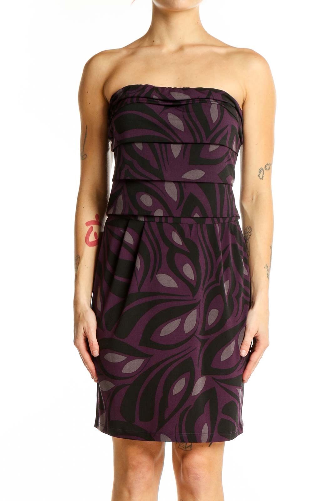 Front view of purple floral strapless cocktail dress from Banana Republic