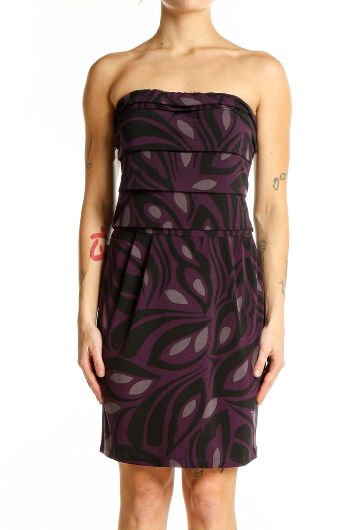 Front view of purple floral strapless cocktail dress from Banana Republic