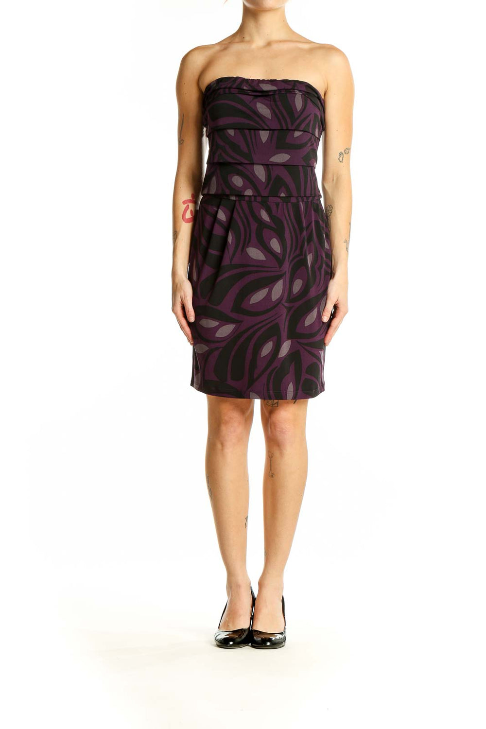 Front view of purple floral strapless cocktail dress from Banana Republic