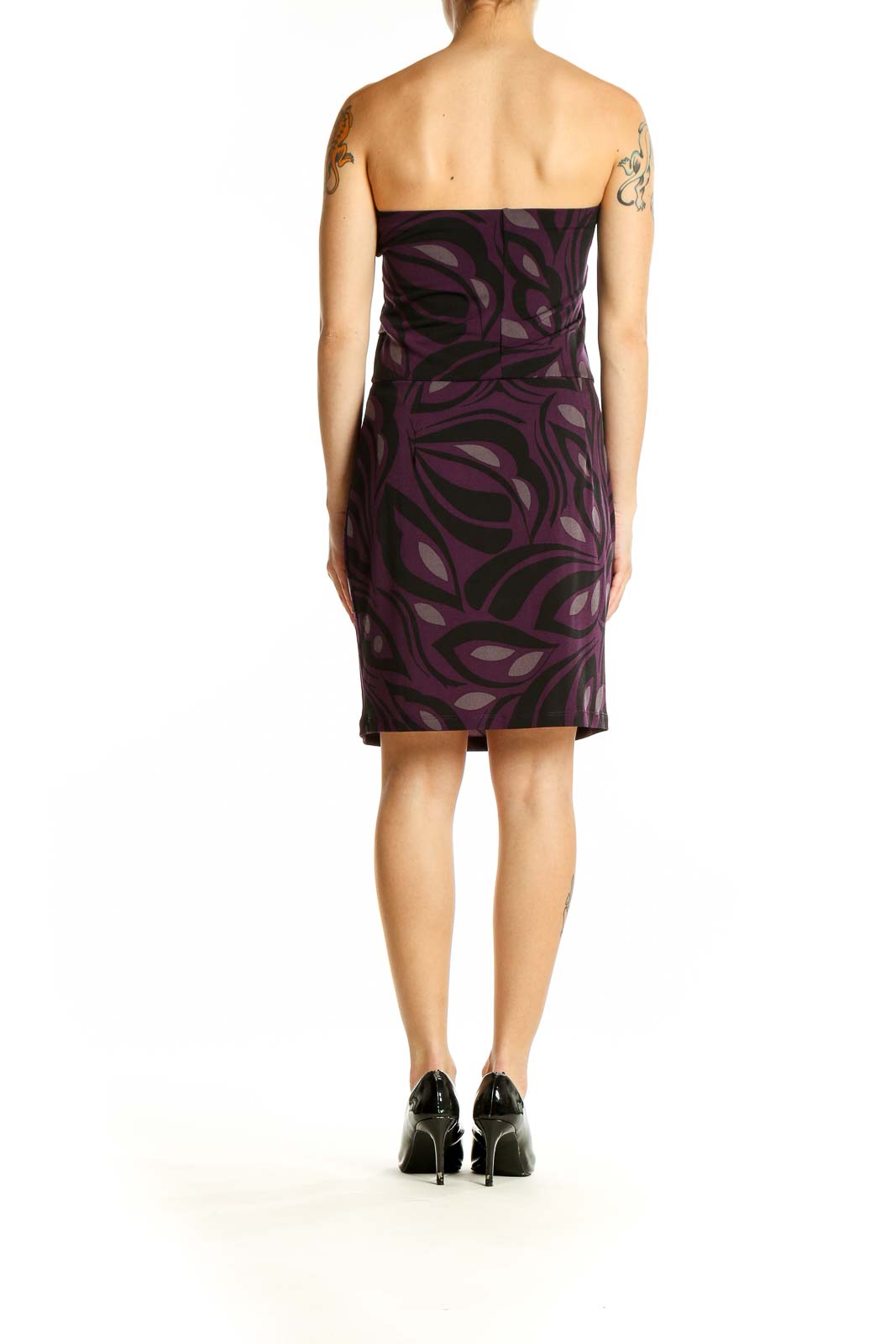 Side view of purple floral strapless cocktail dress from Banana Republic