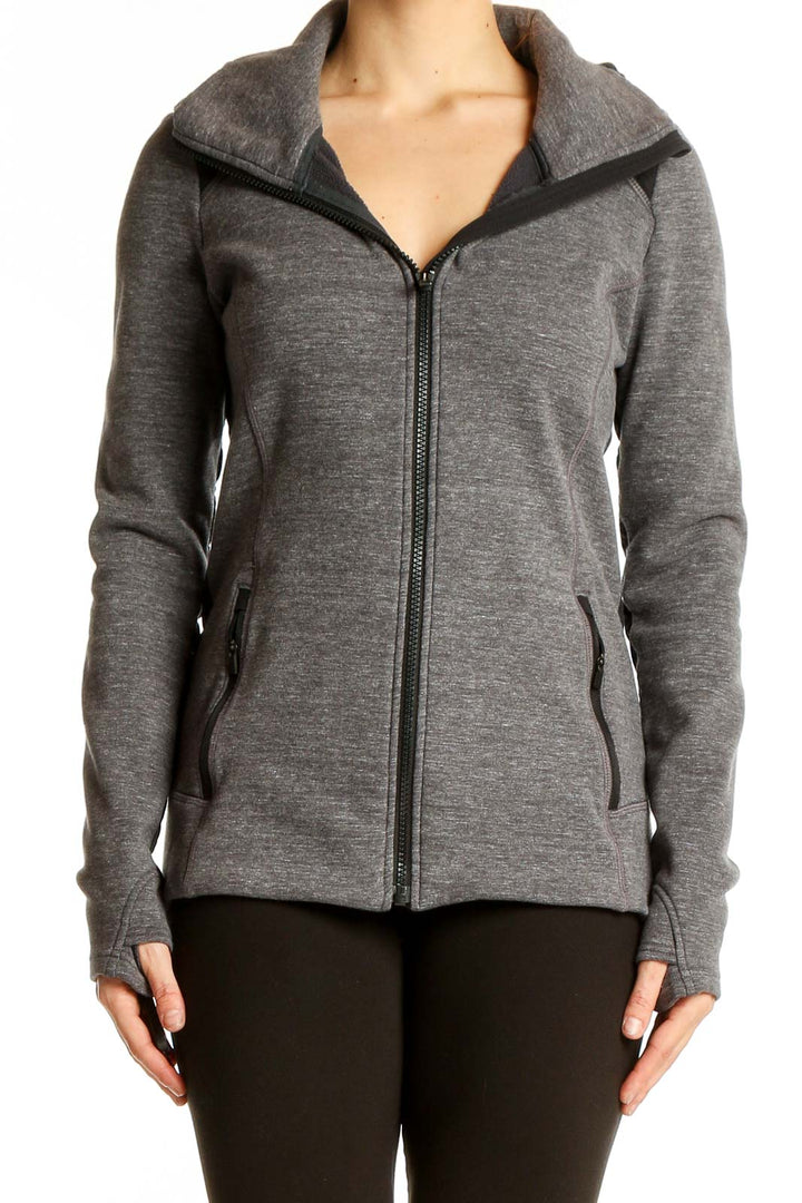 Front view of gray Athleta zip-up athletic jacket