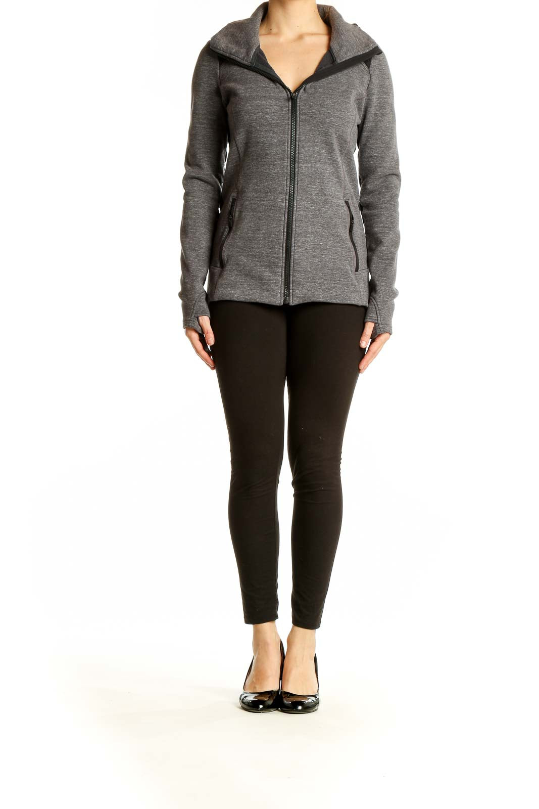 Front view of gray Athleta zip-up athletic jacket