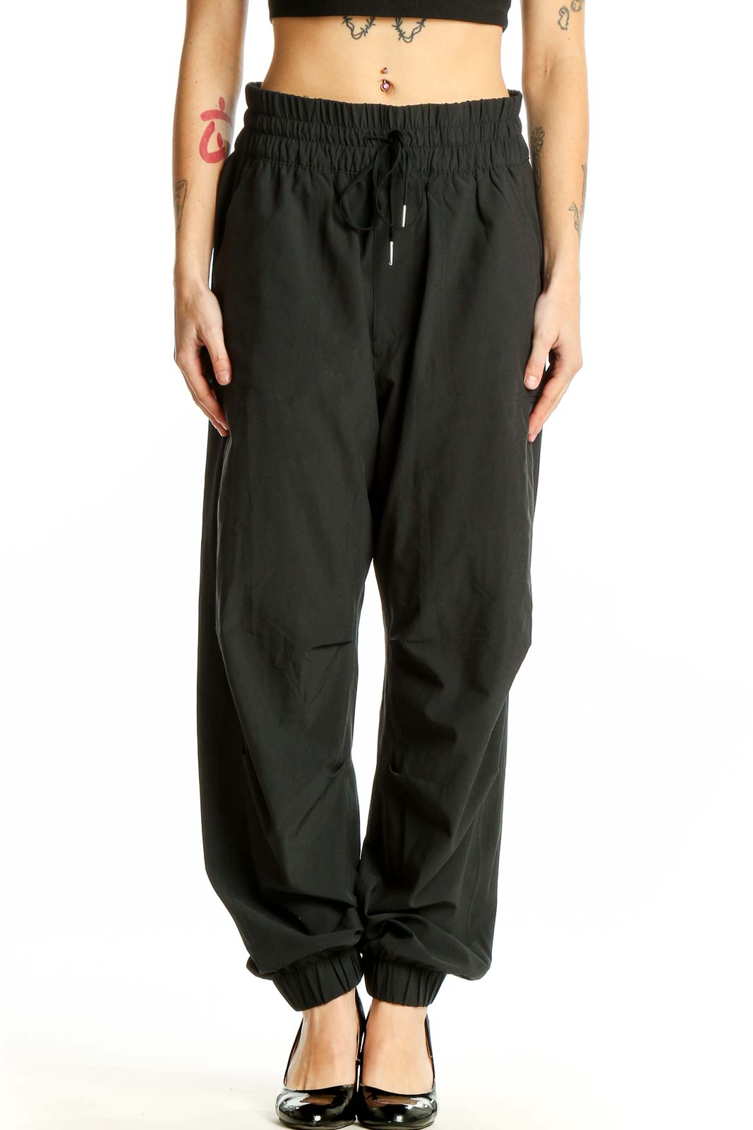 Front view of black Abercrombie & Fitch jogger pants with elastic waistband