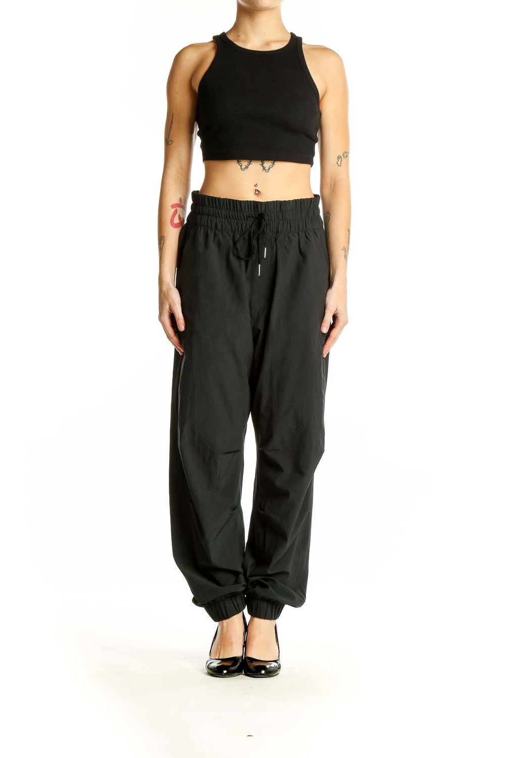 Front view of black Abercrombie & Fitch jogger pants with elastic waistband